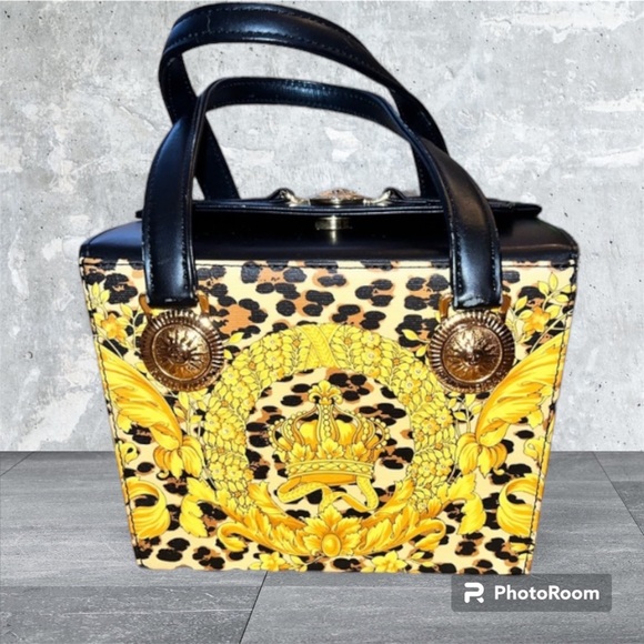 VERSACE Sunburst vanity bag Leopard Hand Bag PVC/Leather yellow/Black with COA - Picture 2 of 14